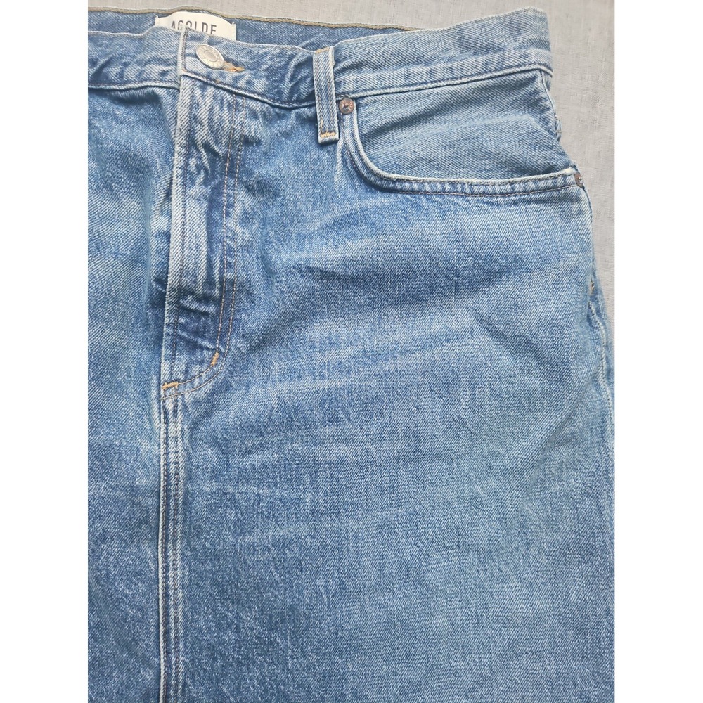 AGOLDE Hilla Denim Maxi Skirt Indigo Blue Raw Hem High Rise Size 30 - Picture 10 of 14